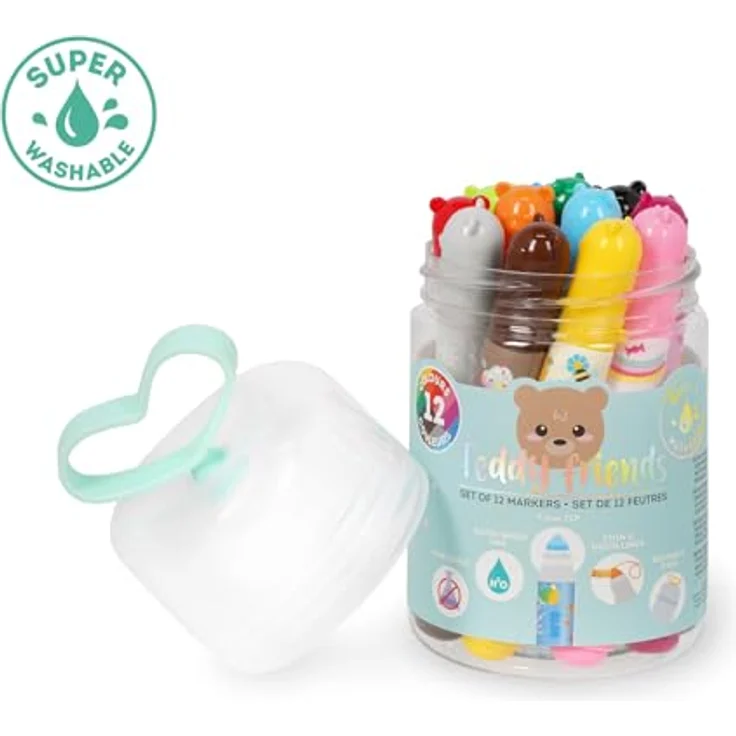 Legami - Set mit 12 Filzstiften, Teddy Friends, 12 sortierte Farben, waschbar und ungiftig, nicht eindringende Spitze, feine und breite Striche, für Kinder und Mädchen, wiederverwendbare Verpackung – Bild 4