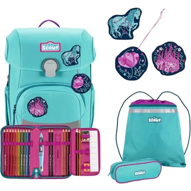 Der echte Scout Neo Dreamworld Schulranzen-Set, reflektierend und fluoreszierend, inklusive 2 Schlampermäppchen und Sportbeutel, blau