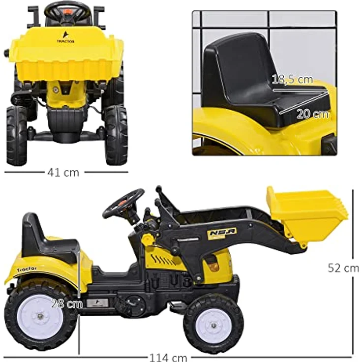 HOMCOM Trettraktor Sitzbagger, Aufsitzbagger mit Schaufel Rutscherfahrzeug, für 3-jährige Kinder, Schwarz/Gelb – Bild 5