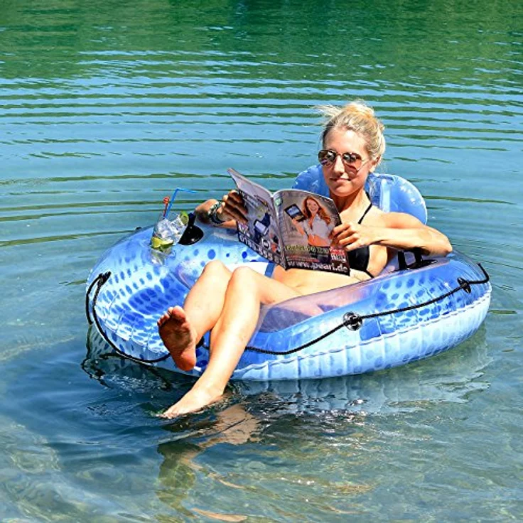 infactory Schwimmsessel, Aufblasbarer Schwimmring mit Rückenlehne und Getränkehalter, Ø 130 cm, bis 80 kg, inklusive Reparaturset – Bild 2