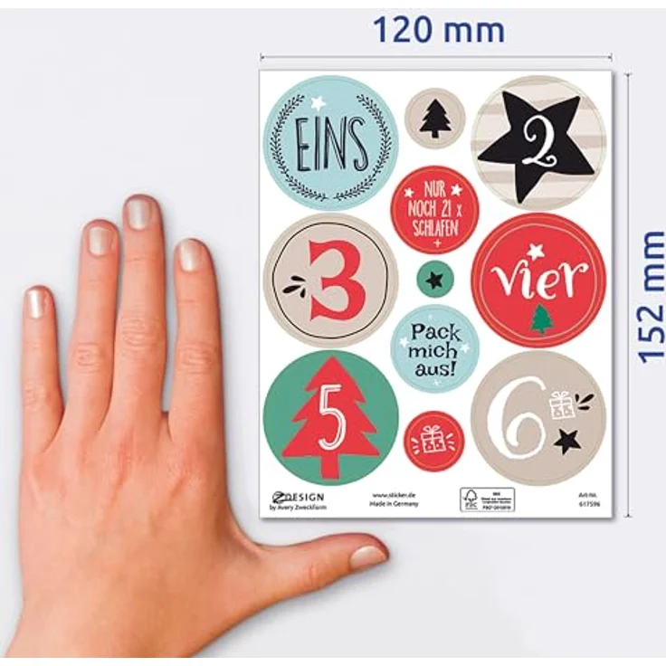 AVERY Zweckform Sticker Adventskalender Zahlen 1-24, selbstklebende Weihnachtsaufkleber, 109 Papiersticker auf 10 Bogen, Made in Germany – Bild 5