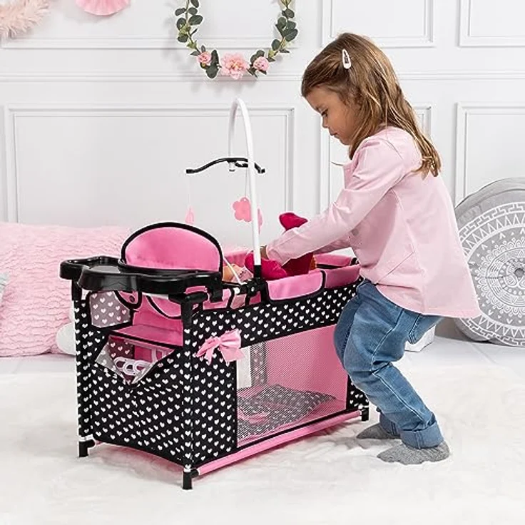 Bayer Design 62660AA Puppenbett mit Schrank, Sitz, Mobile, Ablage, Bettdecke, Kissen, schwarz, rosa, Klein, Multi-Puppenbett mit vielfältigen Spielmöglichkeiten – Bild 5