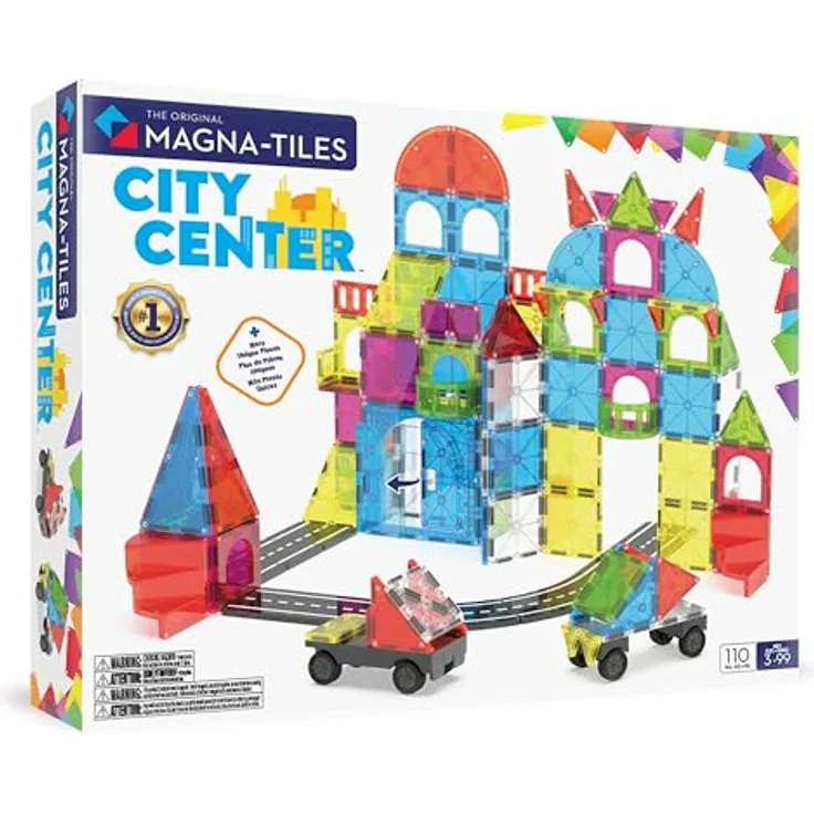 Magna-Tiles® City Center, 110-teiliges Magnetbauset mit Straßenstücken, Wendeltreppen und Fahrzeugen für kreatives Spielen