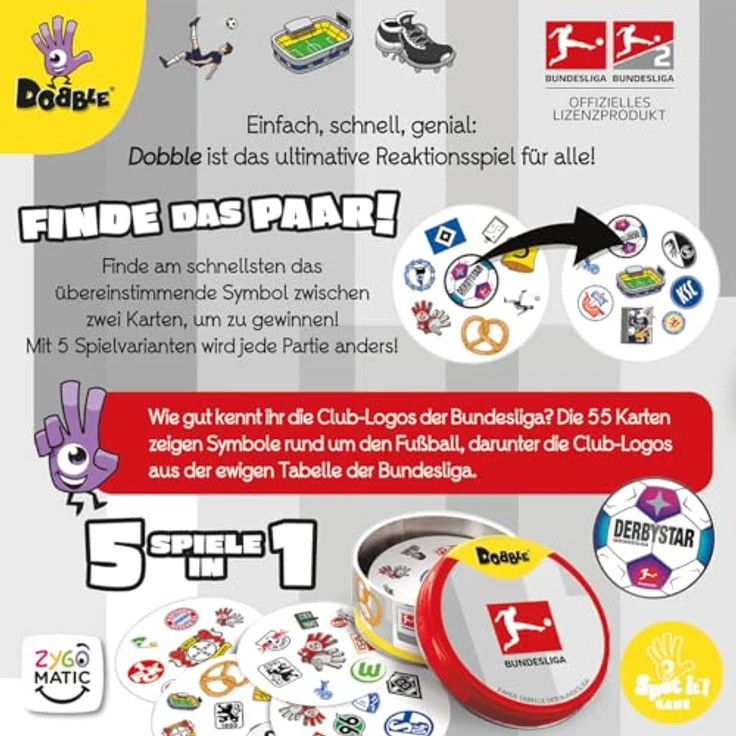 Asmodee ZYGD0034 Dobble Bundesliga, kartenbasiertes Reaktionsspiel mit 55 Club-Logos und 5 Spielvarianten für Fußballfans – Bild 4