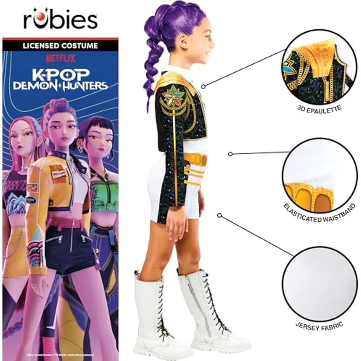 Rubies K-Pop Classic Rumi Golden Costume, Kostüm für Kinder (110-116 cm), digital bedrucktes Oberteil und kurze Hose mit goldenen Details – Bild 3