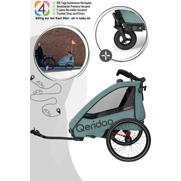 Qeridoo Qupa Plus 1, Kinderfahrradanhänger für 1 Kind, sicher und komfortabel, Mineral Blue