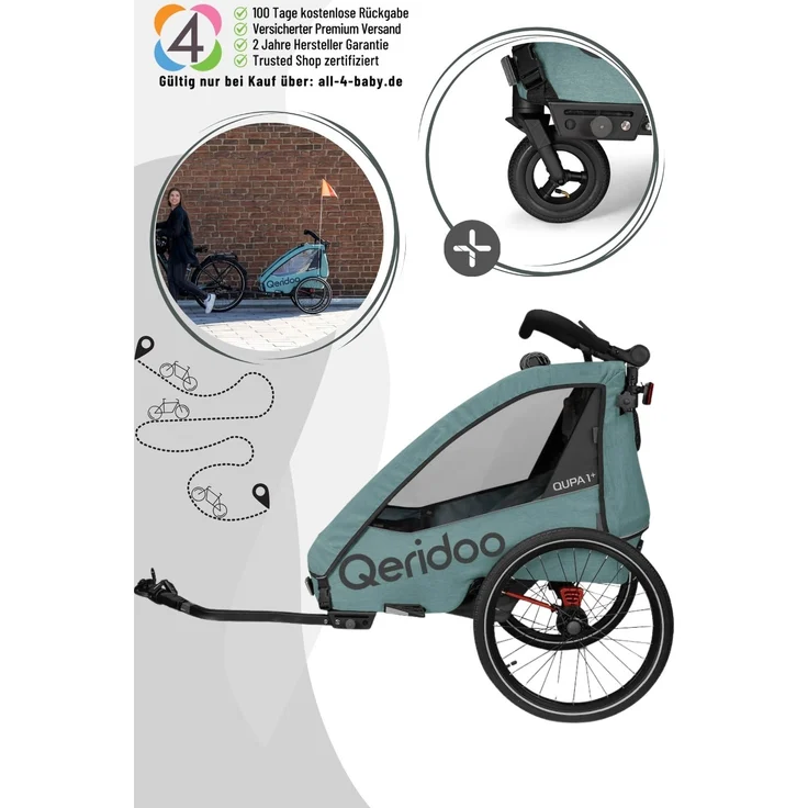 Qeridoo Qupa Plus 1, Kinderfahrradanhänger für 1 Kind, sicher und komfortabel, Mineral Blue