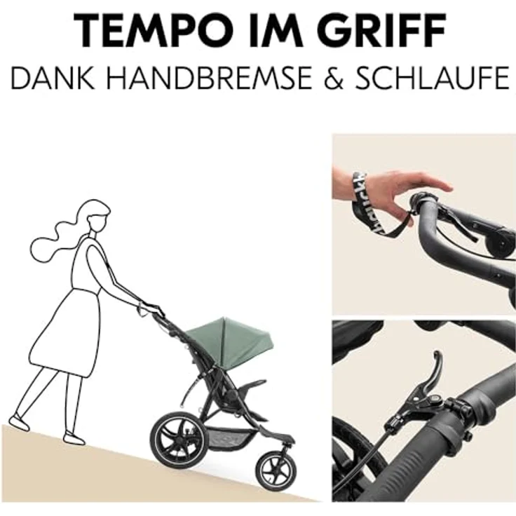 Hauck Kinderwagen Runner 3, Dreirad Buggy mit XL Lufträder, Federung, Handbremse, XL Sonnenverdeck (UPF 50+), Faltbar, Korb mit Deckel, Liegefunktion, Getränkehalter - Jungle Green – Bild 3