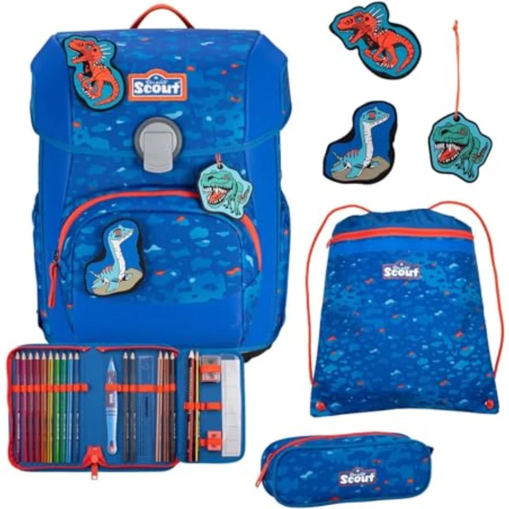 Scout Neo Exklusiv Superflash, Schulranzen Set für Kinder, ergonomisch, Blue Dino mit reflektierenden Flächen – Bild 1