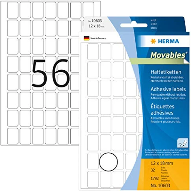 HERMA 10603 Vielzweck-Etiketten ablösbar, 32 Blatt, 12 x 18 mm, 56 Stück pro Bogen, 1792 Aufkleber, selbstklebend, Haushaltsetiketten zum Beschriften, matt, blanko Klebeetiketten aus Papier, weiß – Bild 1