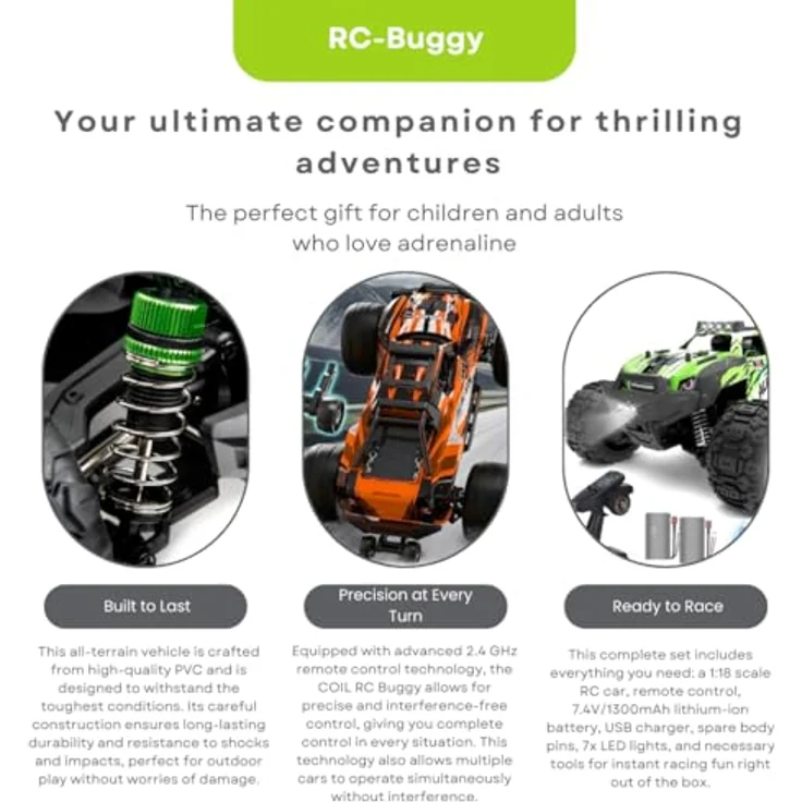 COIL RC-Buggy - Ferngesteuertes 4x4 Allrad Geländewagen, 1:18 Maßstab, 36 km/h Hochgeschwindigkeits-Offroad-Rennauto, 2,4 GHz, Robustes Spielzeugauto mit LED-Lichtern- Grün – Bild 3