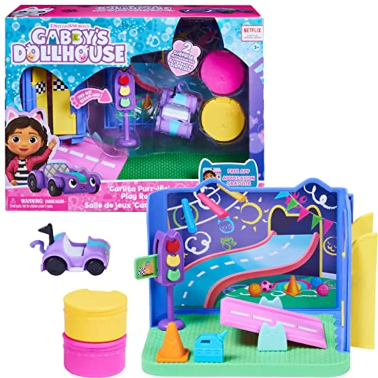 Gabby‘s Dollhouse Deluxe Raum, Purr-ific Play Room, Spielzimmer mit Carlita Spielzeugauto und 2 Möbelstücken sowie 2 Überraschungsboxen mit Zubehörteilen, geeignet für Kinder ab 3 Jahren