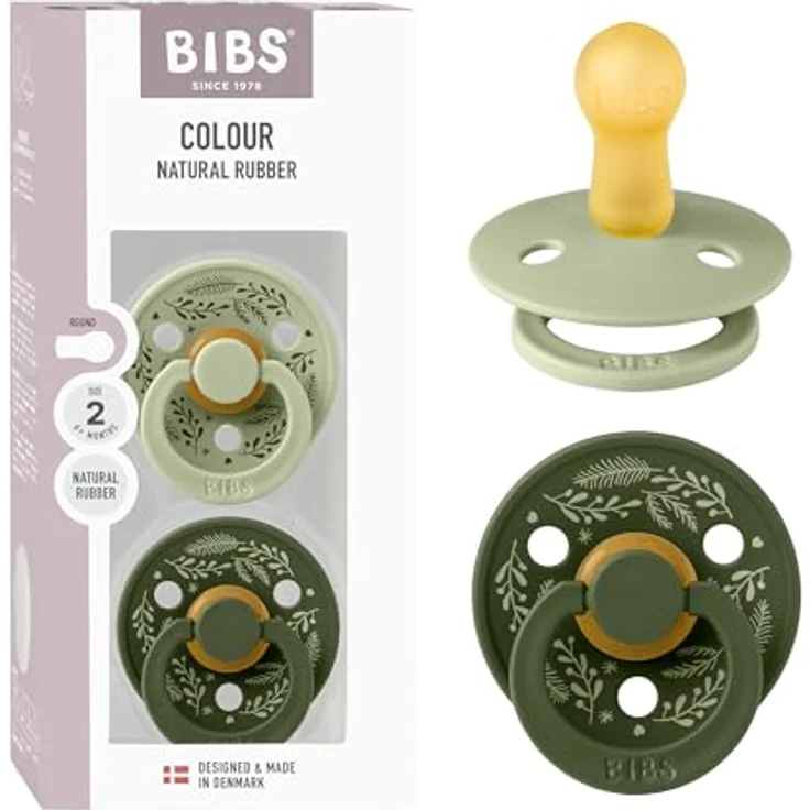 BIBS Colour Holiday Schnuller 2er-Pack, BPA-frei Kirschform Nippel, Naturkautschuk/Latex, Größe 2 (6-18 Monate), Sage/Hunter Green – Bild 1