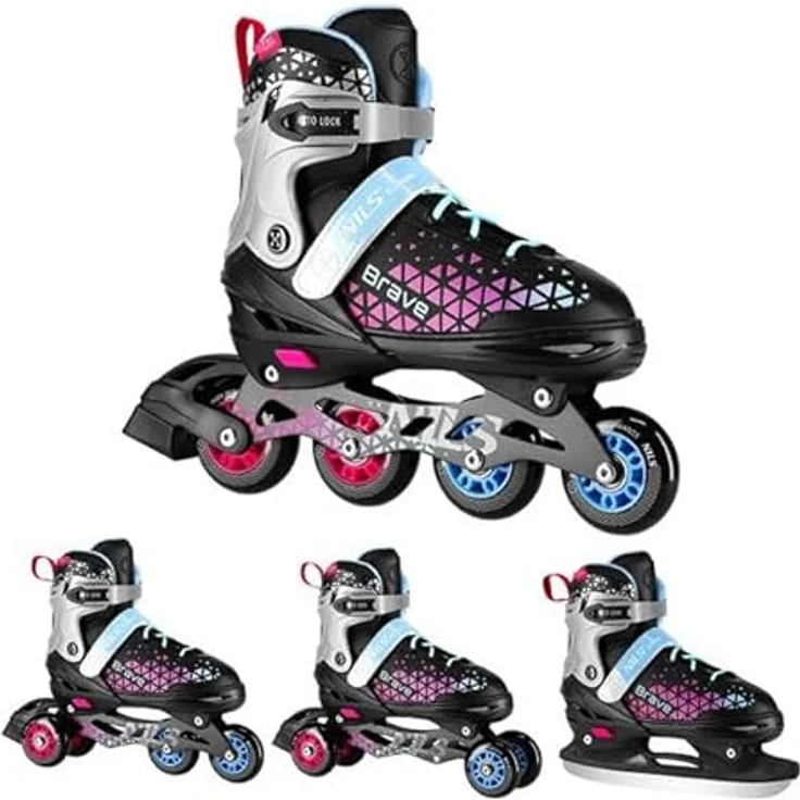 NILS Brave 4-in-1 Inline Skates, Verstellbare Schlittschuhe für Erwachsene und Teenager, Schwarz-Pink-Blau – Bild 1