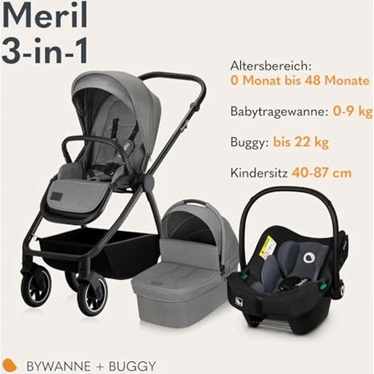 Lionelo Meril Kombikinderwagen 3-in-1, Babywanne bis 9 kg, Kindersitz bis 13 kg, für 0-48 Monate bis 22 kg, Geländeräder 360°, Vollfederung - Grau – Bild 2