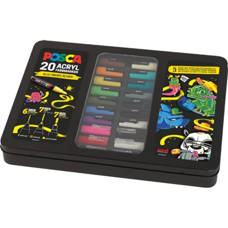 Faber-Castell uni-ball 186830 - POSCA Marker Set, 20er Etui, inkl. Anleitungen für 3 Graffiti Charaktere, wasserbasierte Tinte, verschiedene Spitzen – Bild 2