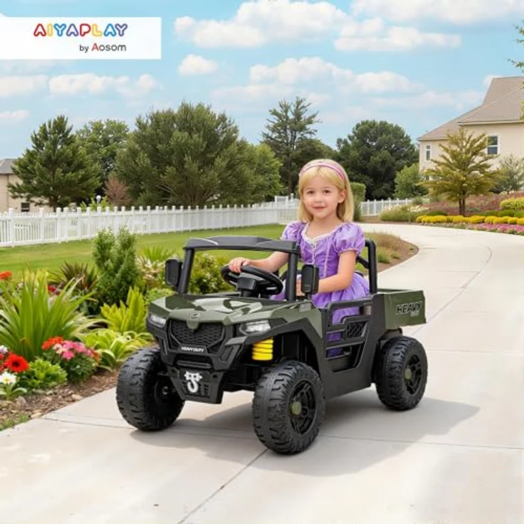 AIYAPLAY Kinder Elektroauto UTV 12V, 2 Motoren, 2,4 GHz Fernbedienung, Softstart, Federungssystem, Musik & USB-Anschluss, für 3-8 Jahre, Grün – Bild 2
