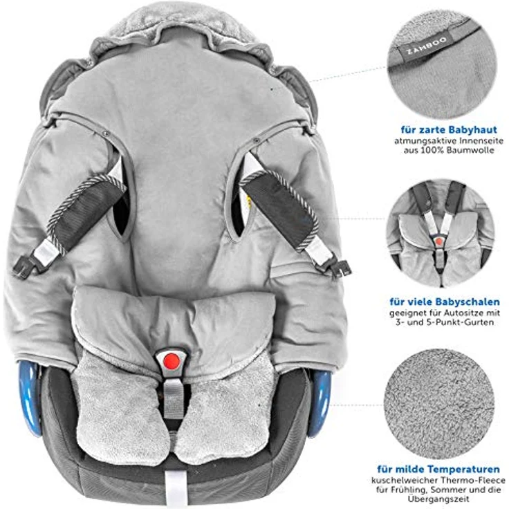 Zamboo Baby Einschlagdecke mit Füßen - Sommer - leichte Decke für Babyschalen/Autositze (passend für Maxi-Cosi, Cybex, Römer) und Kinderwagen, mit Kapuze und Tasche - Grau – Bild 3