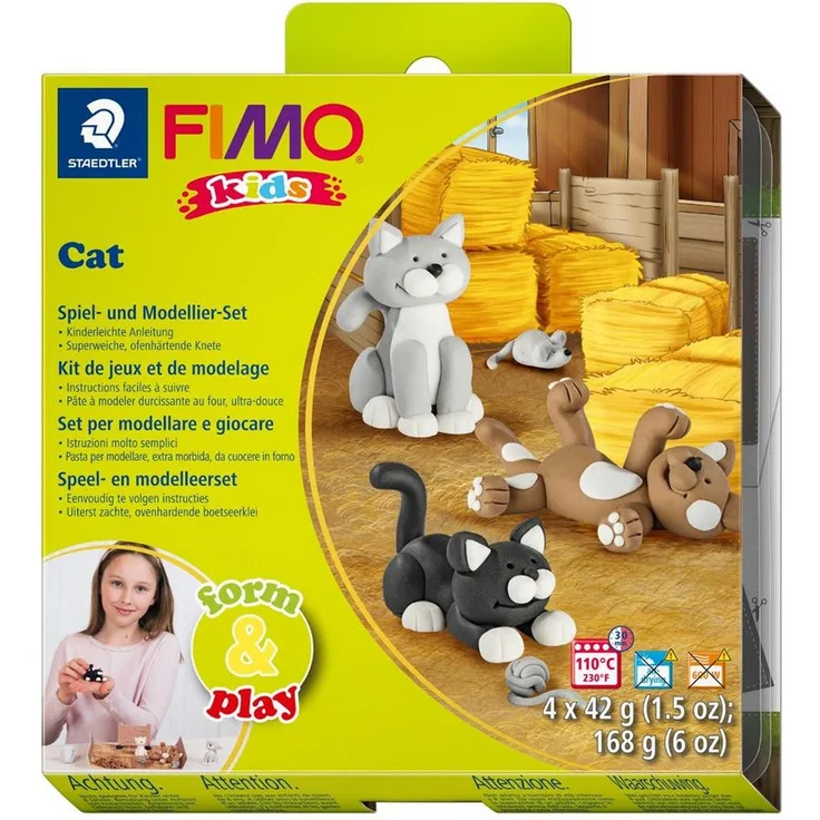 STAEDTLER FIMO kids 8034 Modelliermasse - Cat - 4 Blöcke je 42 g - Kreatives Bastelset für Kinder in verschiedenen Farben