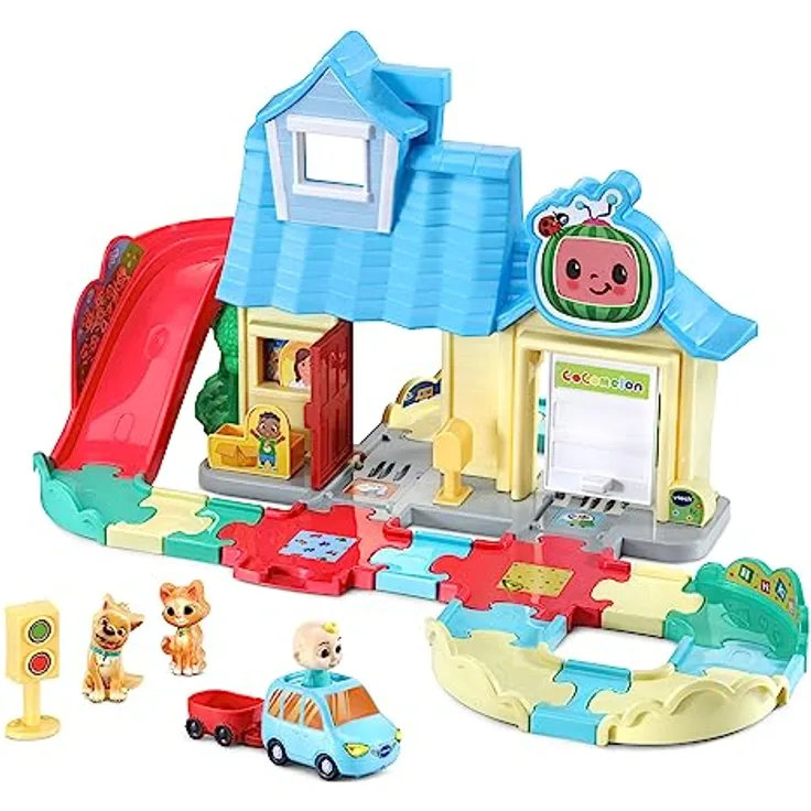 VTech Tut Tut Baby Flitzer - CoComelon JJs Spielhaus Schienenset – Interaktives Spielset mit JJs Familienauto, Codys Katze und Hund Bingo – Für Kinder von 1,5-5 Jahren