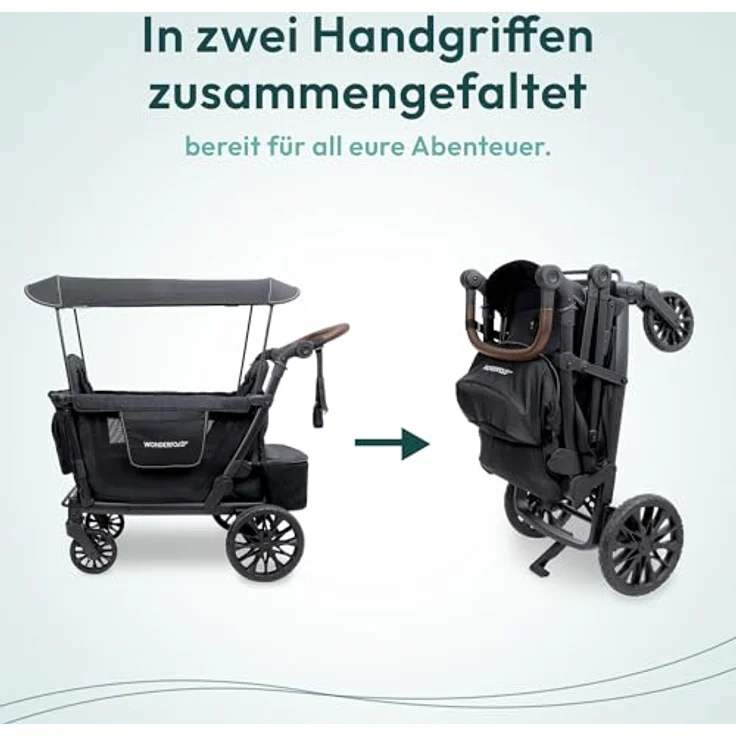 Wonderfold L2 Kombikinderwagen für 2 Kinder, kompakter Bollerwagen mit seitlicher Tür, flexible Sitzbänke, 360°-Räder und Klappmechanismus, schwarz – Bild 7