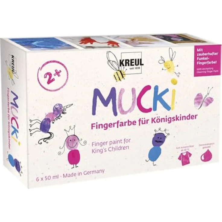 KREUL MUCKI Königskinder Fingerfarben, 6 x 50 ml in Weiß, Feenstaub-Rosa, Pink, Violett, Blau und Goldschatz – Bild 2