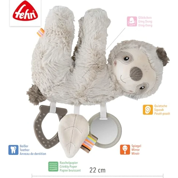 Fehn Greifspielzeug Lazy, Crazy & Pink, Activity-Faultier mit Glöckchen, Quietsche und Spiegel – Bild 5