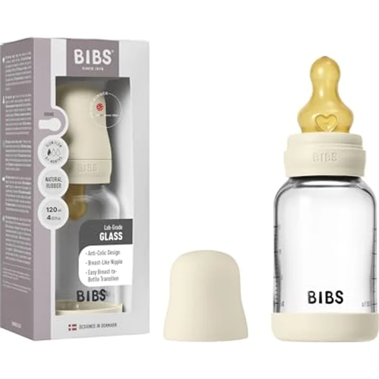 Bibs Glas-Flasche Baby Bottle Round 120 ml mit Latex-Trinksauger langsamer Nahrungsfluss, Ivory, aus Borosilikatglas mit Anti-Kolik-Ventil – Bild 1
