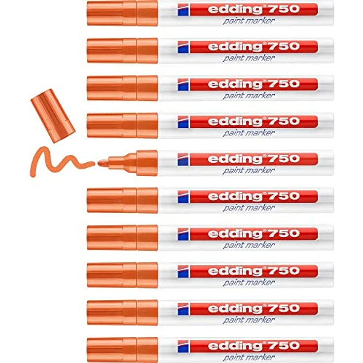 edding 750 Lackmarker - orange - 10 Stifte - Rundspitze 2-4 mm - Lackstift zur Markierung und Beschriftung von Metall, Glas, Stein oder Kunststoff - hitzebeständig, permanent, wisch- und wasserfest – Bild 1