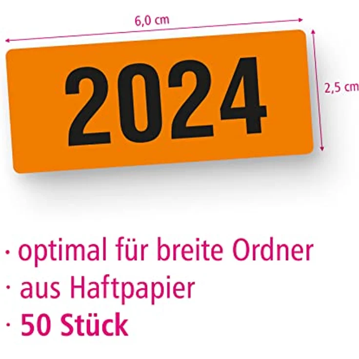itenga 50x Jahresetiketten Ordner Inhaltsschild Jahreszahl I Aufkleber für Akten selbstklebend aus Haftpapier Rechteckig 6x2,5cm (Kalenderjahr 2024, orange) - itenga Ordneraufkleber für die perfekte Büroorganisation – Bild 3