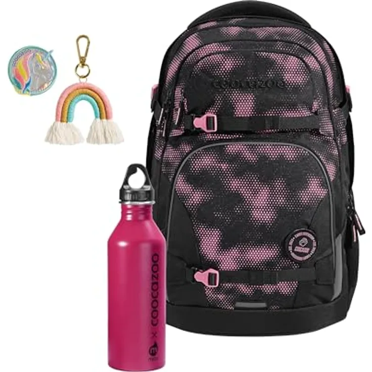 Coocazoo Schulrucksack-Set Porter „Pink Illusion“, ergonomischer 35L Tornister mit Brust- & Hüftgurt, inkl. Edelstahl-Trinkflasche und Colour UP-Set, schwarz-rosa