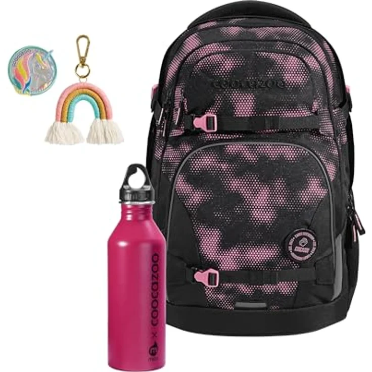 Coocazoo Schulrucksack-Set Porter „Pink Illusion“, ergonomischer 35L Tornister mit Brust- & Hüftgurt, inkl. Edelstahl-Trinkflasche und Colour UP-Set, schwarz-rosa – Bild 1