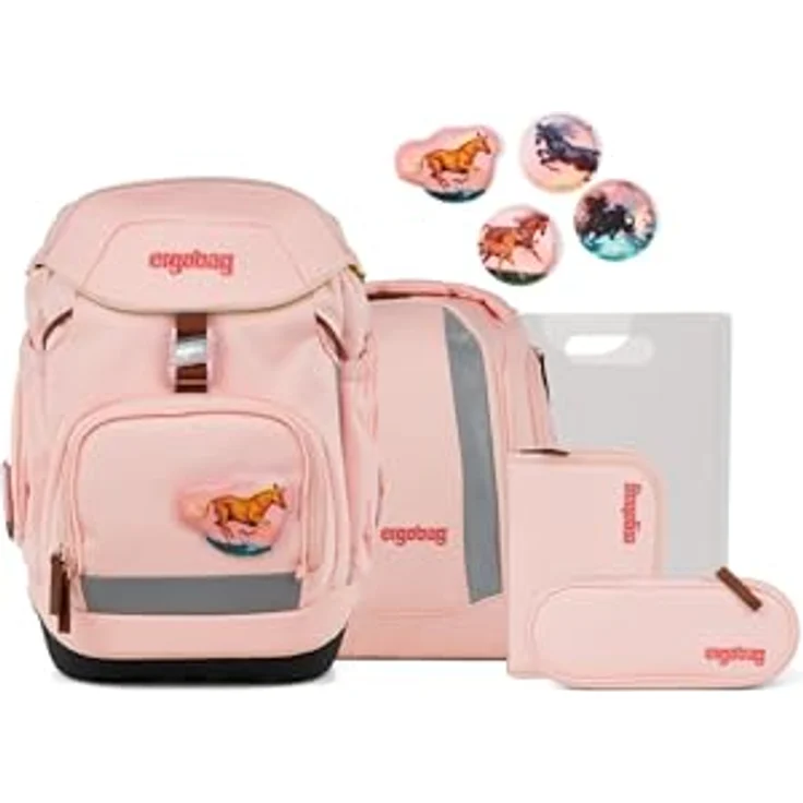 ergobag Pack Set, ergonomischer Schulrucksack mit höhenverstellbarem Tragesystem, 6-teiliges Set für 1. Klasse, inkl. Sportrucksack, Heftebox und gefülltem Federmäppchen, individuell gestaltbar – Bild 1