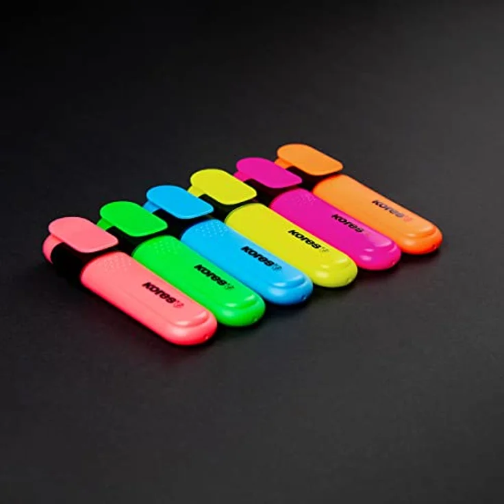 Kores TM36160 Textmarker 6er Set, 6 Farben (gelb/grün/orange/pink/rot/blau), wasserbasierte Tinte, auslaufsicher, abgerundete Form – Bild 4