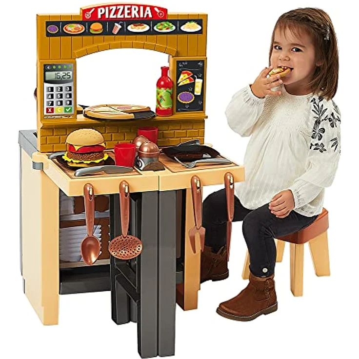 Ecoiffier 2in1 Spielküche Pizzeria, variable Kinderküche mit 32-teiligem Zubehör, inkl. Hocker, für Kinder ab 18 Monaten – Bild 4