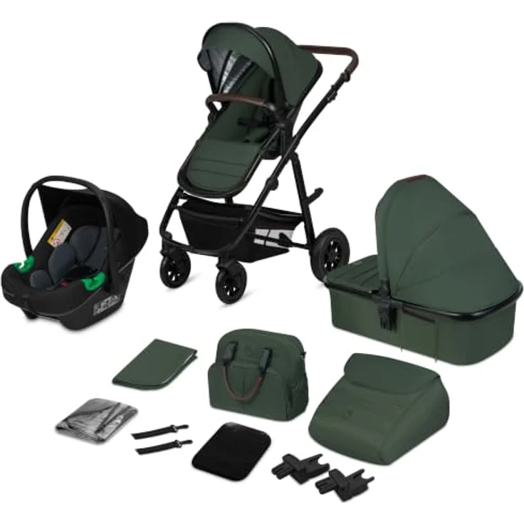 Lionelo Amber LO-AMBER 3IN1 Kombikinderwagen, Set mit Babywanne, Autositz, Moskitonetz und Regenschutz, Green Forest – Bild 1