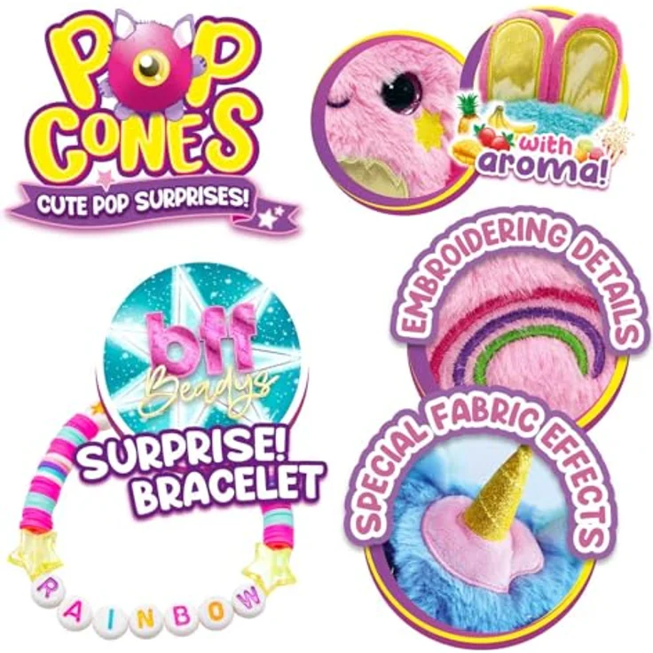 CRAZE Plush Pop Cones Chewy, Plüschtier mit Erdbeerduft und BFF-Armband, rosa, in Popcorn-Box verpackt, für Kinder ab 3 Jahren – Bild 3