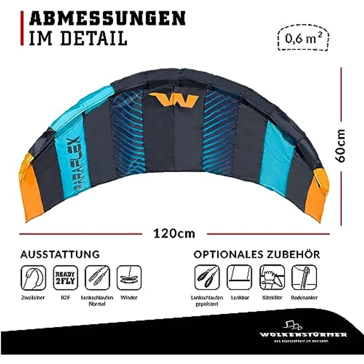 Wolkenstürmer® Paraflex Basic 2-Leiner Lenkmatte 1.2, türkis, flugfertiger Kite Drachen für Kinder ab 6 Jahren, 120 cm Spannweite, robustes Ripstop Polyester, inkl. 2x 25m Schnur und Flugschlaufen – Bild 2