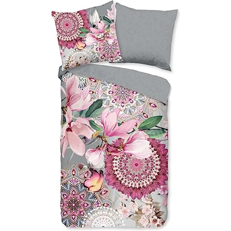 Hip Biber Bettwäsche Inaya 200 cm x 200 cm pink, 100% reine Baumwolle, kuschelweich, farbenfrohe Mandalas und Ornamente, 2-tlg. Set