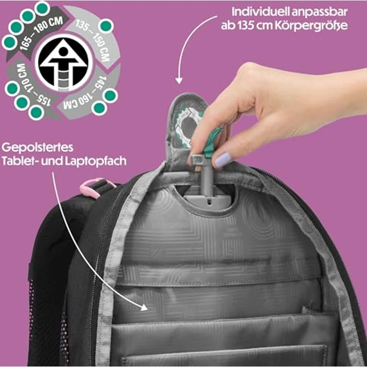 Coocazoo Byte Schulrucksack „Pink Illusion”, ergonomischer Tornister, höhenverstellbar, mit Brust- und Hüftgurt, schwarz-pink, für die 3. Klasse – Bild 5