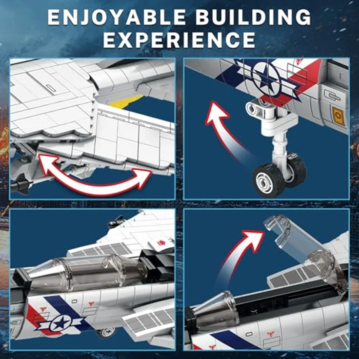 Reobrix F-14 Fighter Bauspielzeug-Set, Militär-Tomcat Kampfflugzeug Modell mit 1600 Bausteinen, interaktivem Riemenscheiben-Design, für Erwachsene und Sammler, ab 14 Jahren – Bild 4