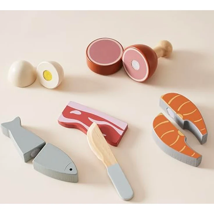 ROBOTIME Holz-Fleisch & Eier-Schneideset für Kinder, realistisches Metzger-Spielset mit Holz-Fisch, Speck, Steak, Ei & Zubehör, Montessori-Rollenspiel, inklusive Tragetasche – Bild 3
