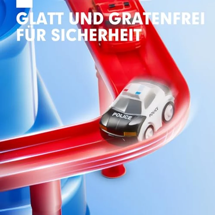 hahaland Autorennbahn Abenteuer Set, Spielzeugauto für Kinder ab 2 Jahre, 3 Mini-Fahrzeuge (Polizei, Krankenwagen, Feuerwehr), fördert Motorik und Problemlösungsfähigkeiten – Bild 5