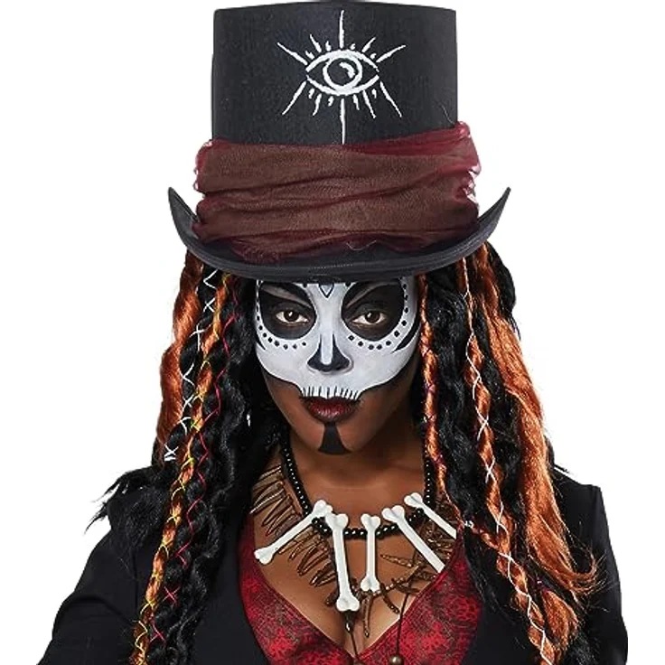 Metamorph Voodoo Mistress Kostüm, XL, mit frackähnlichem Mantel, roter Weste und Zylinderhut, inklusive Voodoo-Accessoires – Bild 5