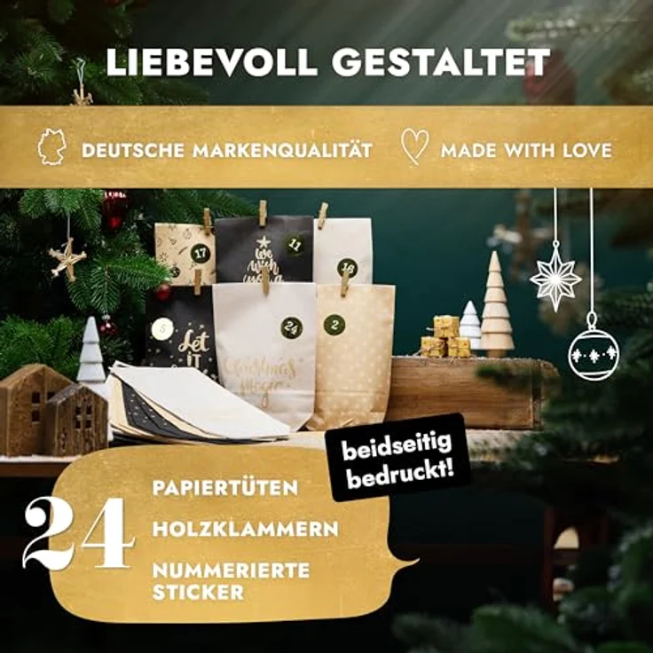 Amari Adventskalender zum Befüllen - 24 Papier Adventstüten (mit Holzklammern) zum Basteln für Weihnachten - Papier Weihnachtstüten mit Zahlenaufkleber – Bild 2