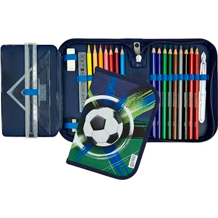 Scooli Gefülltes Schüleretui Soccer Champ, Federmäppchen mit 14 Buntstiften, 2 Bleistiften, Lineal & Zubehör, Robust und Ergonomisch, Ab 6 Jahren – Bild 2