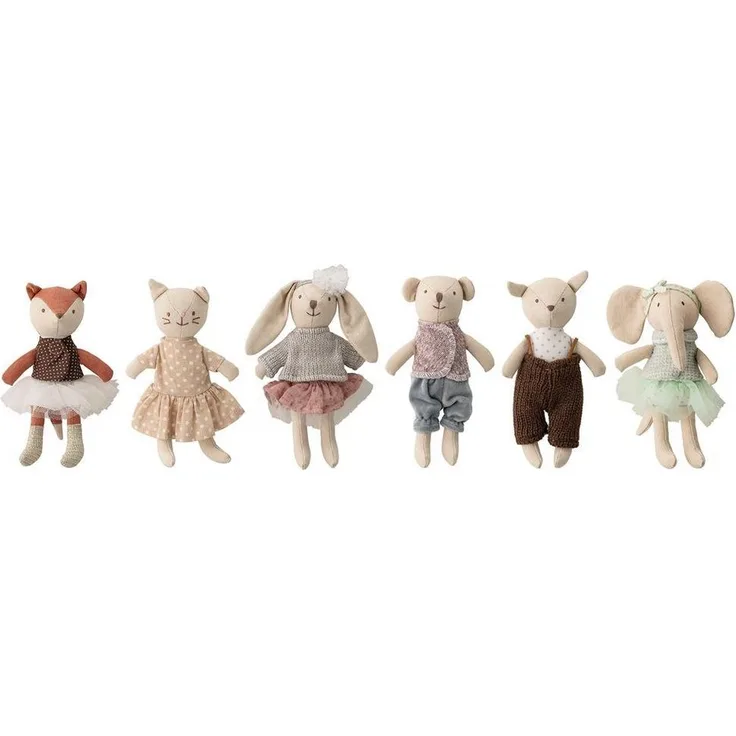 Bloomingville Plüschfigur Animal friends Doll, Stofftiere 6er Set, Plüschtier, Kuscheltier, Babyspielzeug, Stoffpuppen, ca. 16cm, Baumwolle, mehrfarbig