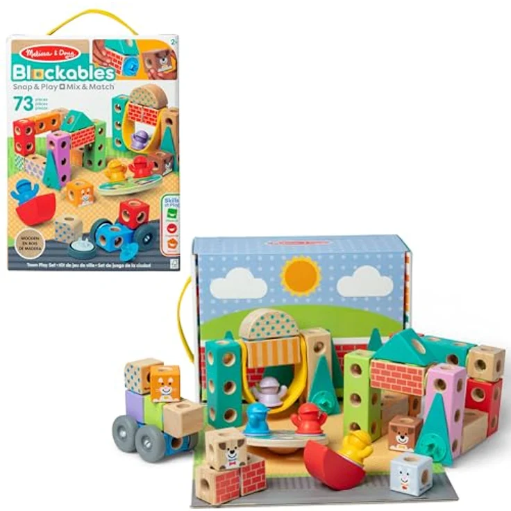Melissa & Doug Blockables Playset Town, 73-teiliges Set mit stapelbaren Holzbausteinen und Zubehör – Bild 1