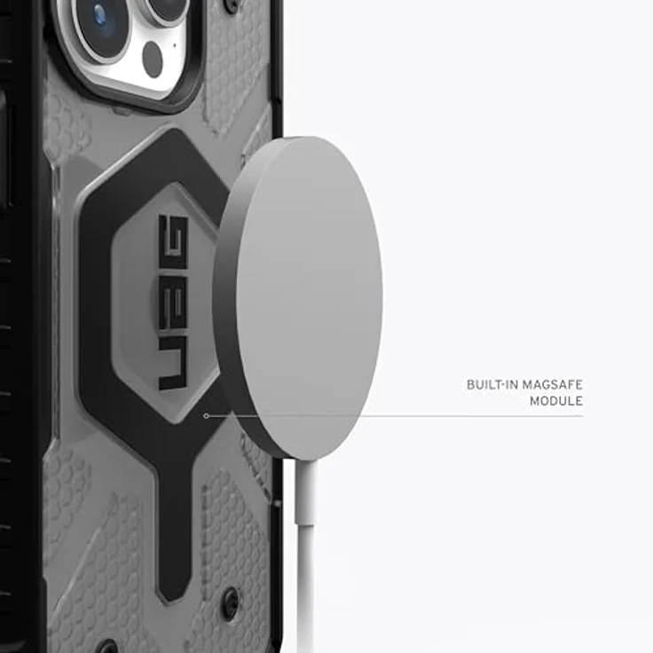 URBAN ARMOR GEAR Pathfinder Hülle kompatibel mit Apple iPhone 15 Pro Case [Wireless Charging/Magnetisches Aufladen kompatibel, Fallschutz nach Militärstandard] ash (grau transparent) – Bild 4