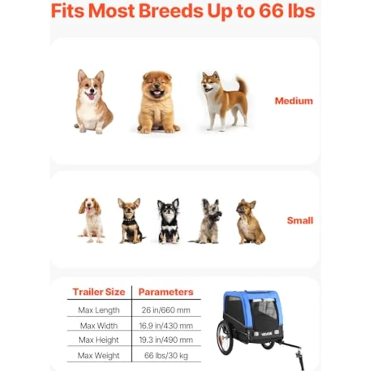 VEVOR Hundeanhänger PTS101, faltbarer Fahrradanhänger für kleine & mittelgroße Hunde bis 30 kg, universelle Kupplung, Wetterschutz, Reflektor und interne Leine – Bild 3